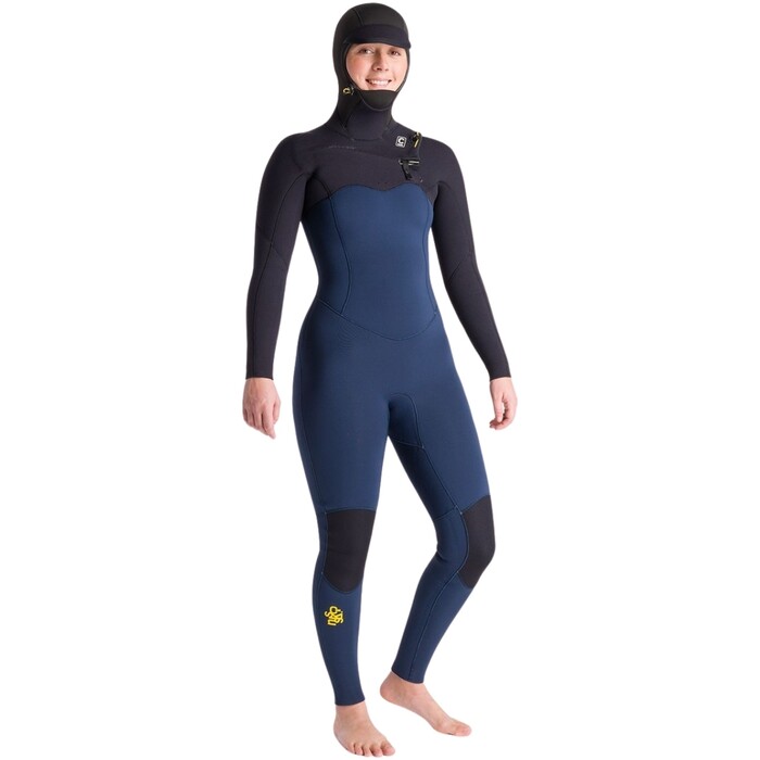 2024 C-Skins Womens NuWave Solace 5/4/3mm Chest Zip Hooded Wetsuit C-NSO54WH - Bluestone / Black x / Saffron